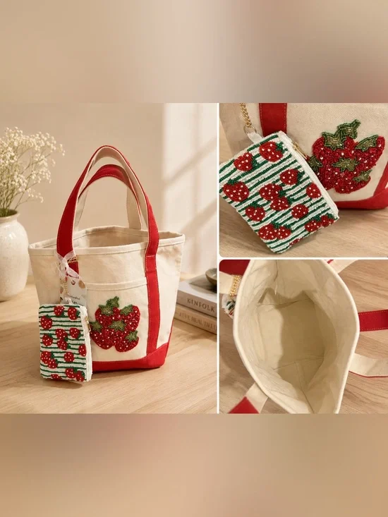 Canvas Strawberry Tote Bag with beaded pouch