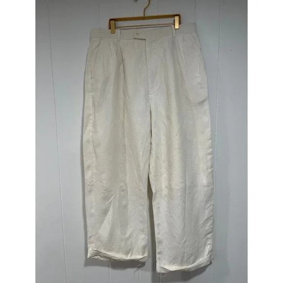Leurenier Mens 100% Linen Pleated Trousers Off White Cream Wide Leg Pants Sz 36