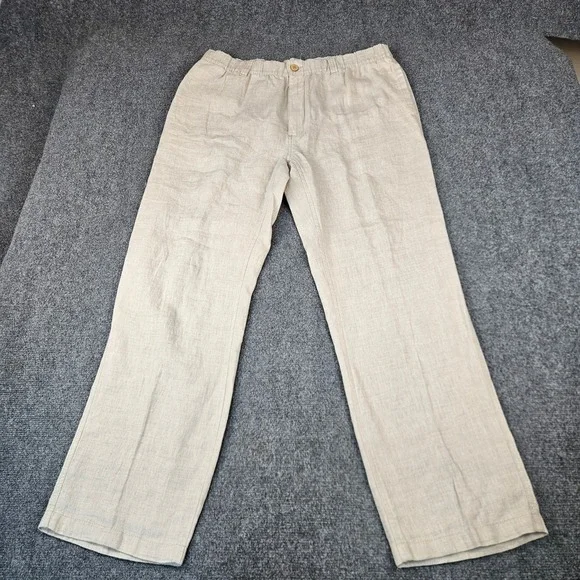 Caribbean Mens Linen Pants Beige Oatmeal Elastic Waist Drawstring Summer