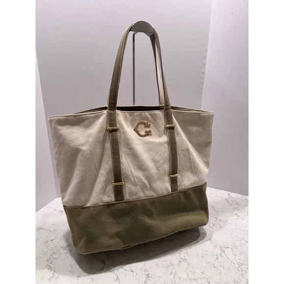 C Wonder Canvas‎ Colorblock Tote Bag Cream Olive Green Gold Logo Large Shopper
