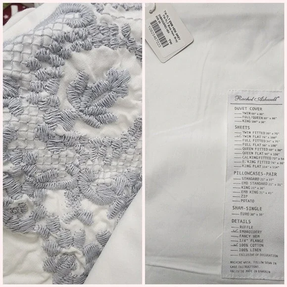 NEW Rachel Ashwell GREY Embroidered TWIN Flat Sheet 100% Cotton