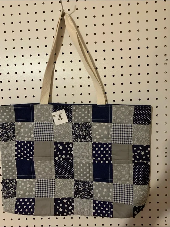 Canvas Patchwork Tote Bag in Navy and Gray