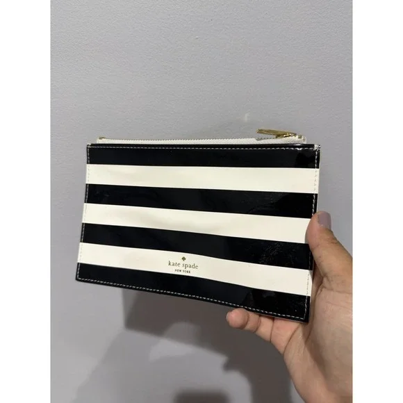 Kate Spade NY Black White Stripe Pencil Pouch Cosmetic Bag Pink Lining T