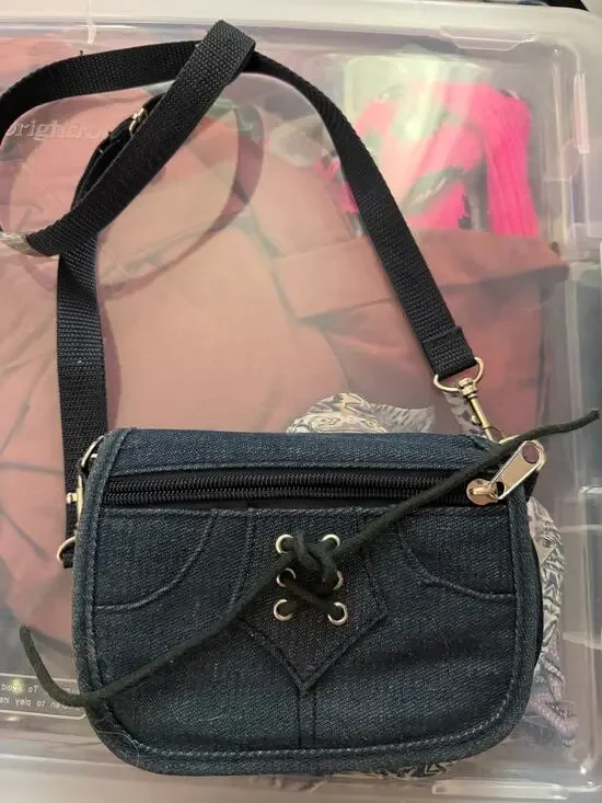 Vintage Y2K Denim Crossbody Purse Wallet Bag Lace Up Corset Front Zip Pocket