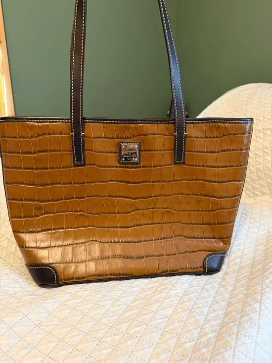 Dooney & Bourke Cognac Croc-Embossed Tote with Dark Brown Trim