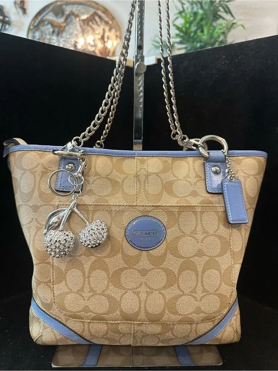 Coach #202 Peyton Signature Tote with Blue Trim and Cherry Charm