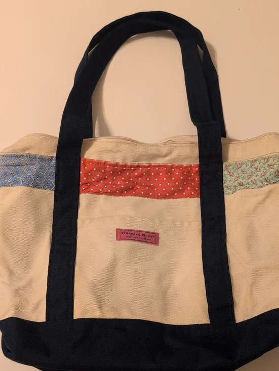 Vineyard Vines Cream Canvas Tote with Navy Straps and Multicolor Accents