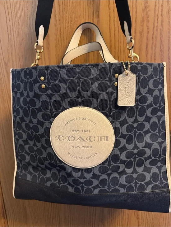 Coach Dempsey Navy Signature Denim Tote with Cream Leather Patch and Trim