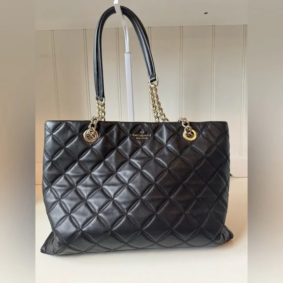 Kate Spade Women’s Black Quilted Leather Tote with Gold Chain Straps