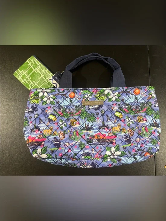 Katherine Way Quilted Tropical Print Insulated Tote with coin pouch Blue & Green