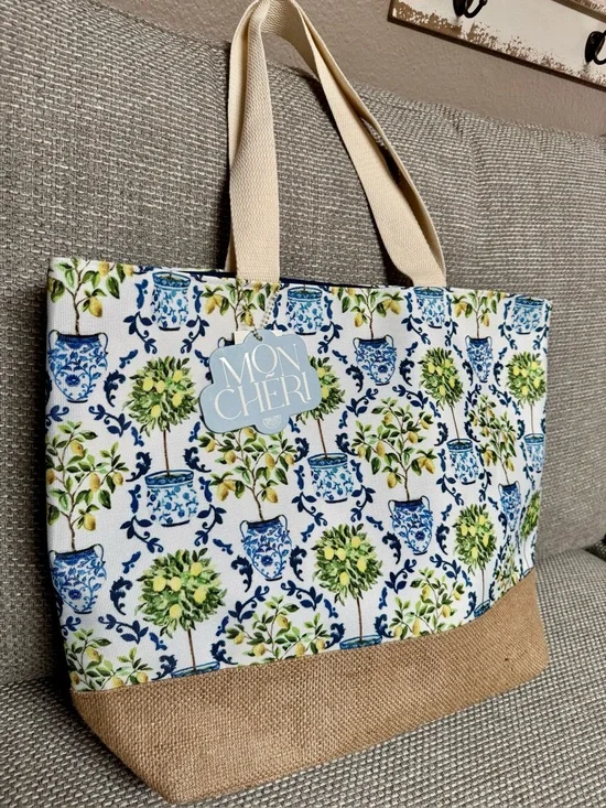 New Lemon Tree Blue Toile Potted Floral Canvas Tote Book Bag Reusable Burlap NWT