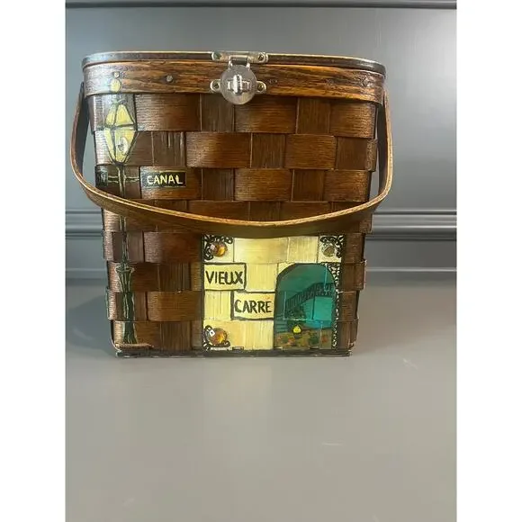 Vintage Basketville J. Hussey Handpainted Basket Purse‎ NOLA  9.5x4.5x9.5 Boho