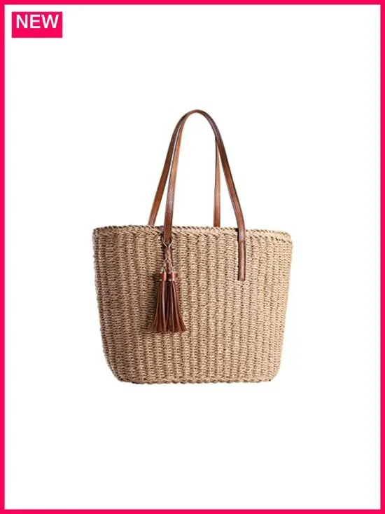 Straw Tote Bag Woven Handmade Summer Travel Shoulder Handbag
