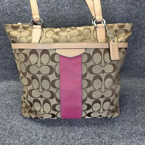 Coach Signature Stripe Tote Khaki Pink Jacquard Canvas Shoulder Bag F28504
