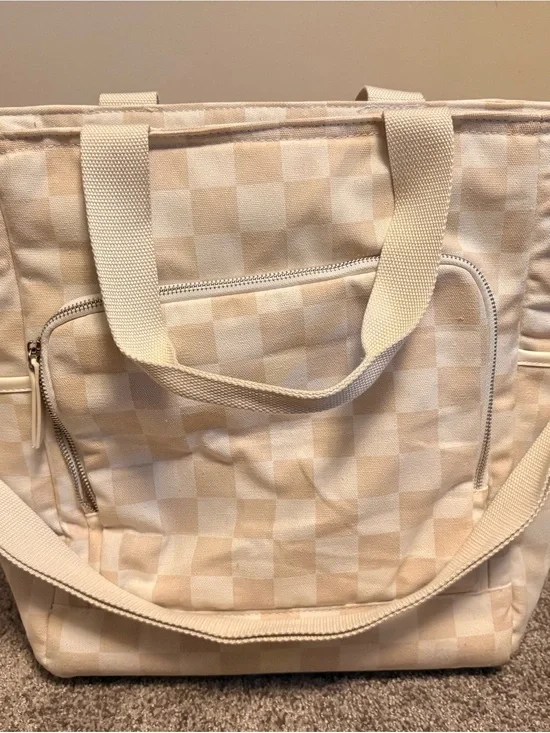 Canvas Checker Tote Bag Cooler in Cream