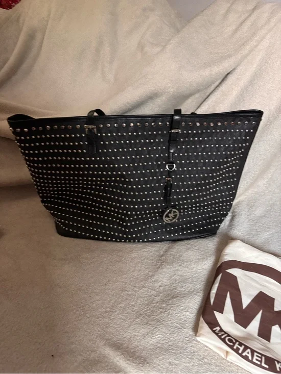 Michael Kors Collection Black Studded Tote with Logo Charm