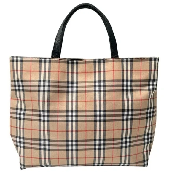 Burberry London House Check Medium Tote Black Leather Trim Made in Italy