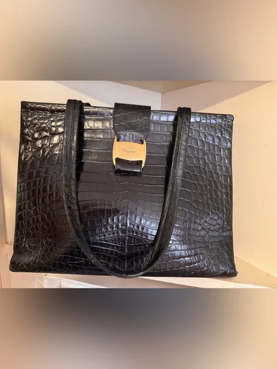 Salvatore Ferragamo Black Croc-Embossed Leather Bag with Gold Hardware