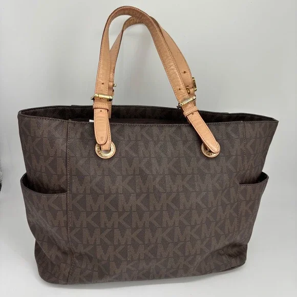 Michael Kors Tote Bag Womens Large Brown MK Monogram Signature Jet Set Travel