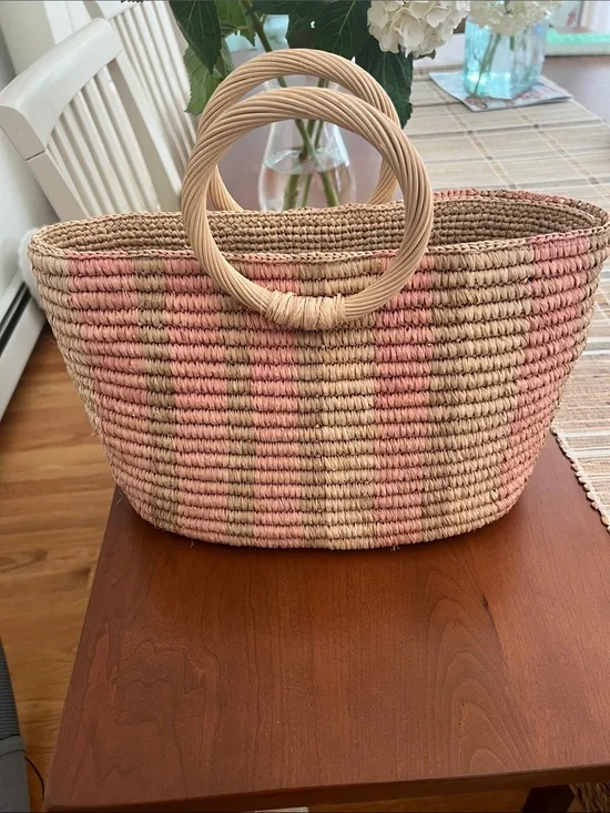 Tommy Bahama Pink and Natural Woven Round-Handle Tote