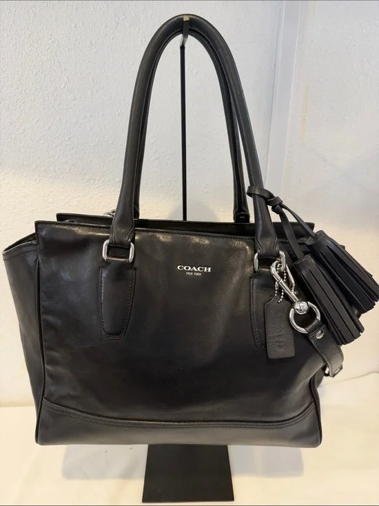 Coach Black Leather Tote with Tassel Charm and Top Handles