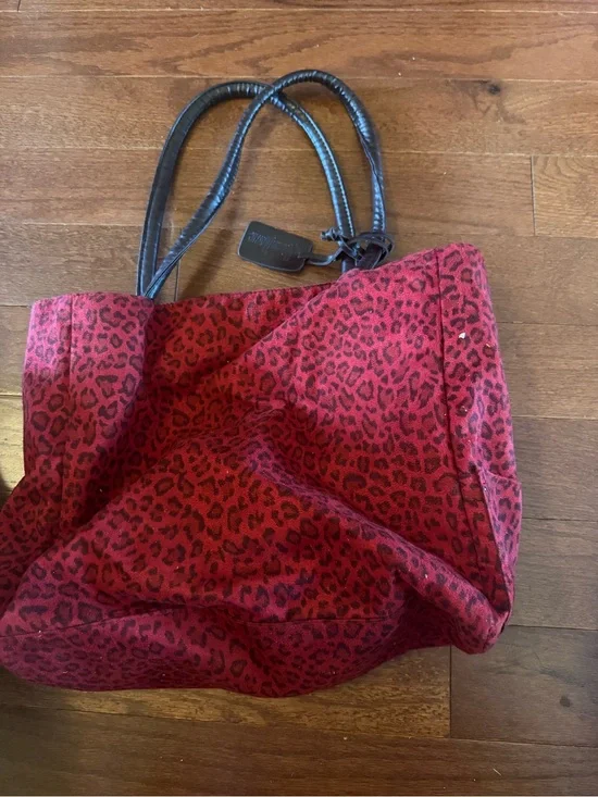 Neiman Marcus Red Leopard-Print Tote with Black Handles