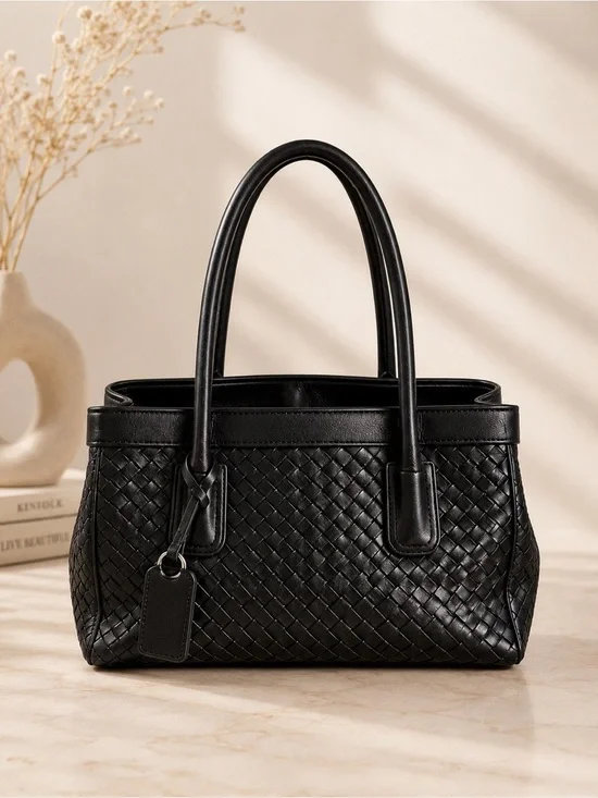 B. Makowsky Black Woven Leather Shoulder Tote Bag Handwoven Satchel Purse