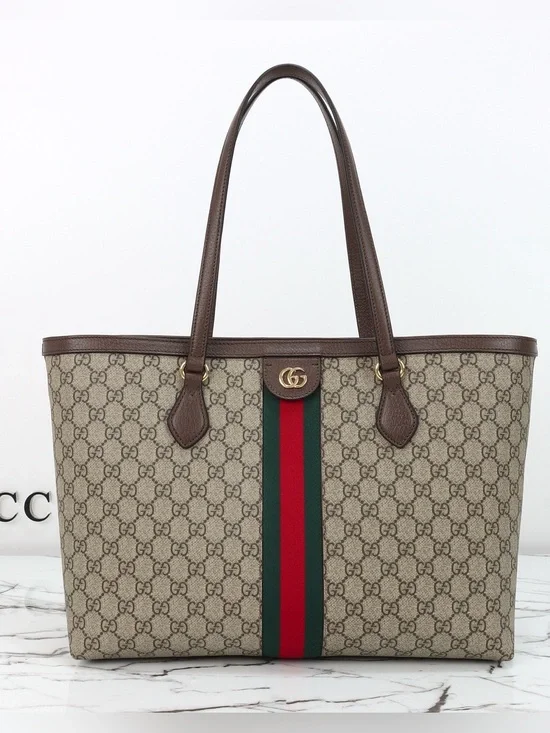 Gucci Beige Brown Monogram Tote with Green-Red Web