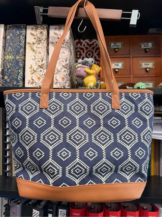 thirty-one Navy Geometric Tote with Tan Trim