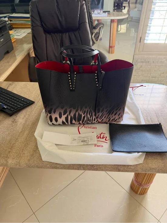 Christian Louboutin Black Tote with Red Interior and Leopard-Print Accent