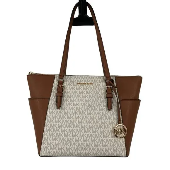Michael Kors Cream Brown Vanilla Gold Monogram Charlotte Large TZ Tote Bag Purse