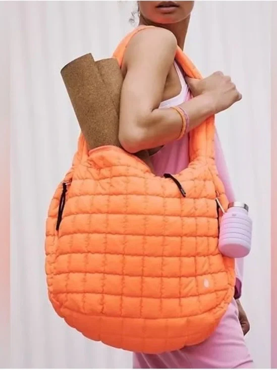 Free People Neon Orange Quilted Carryall Tote Bag
