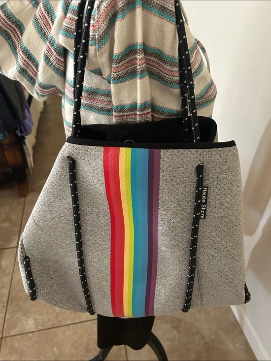 HAUTE SHORE Grey Neoprene Tote with Rainbow Stripe