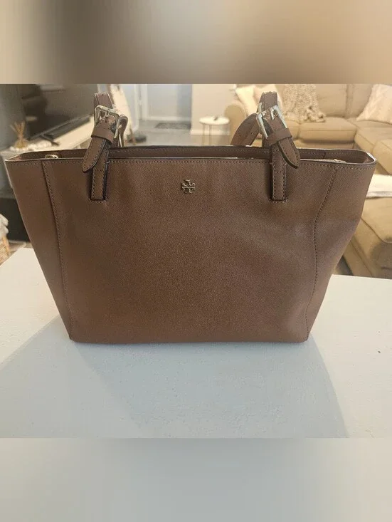 Tory Burch Cognac Saffiano Leather Tote with Gold Logo