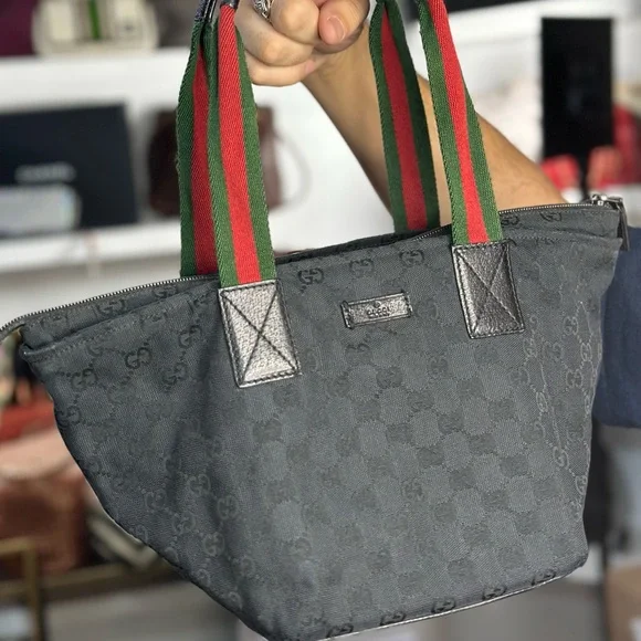 Gucci Black GG Canvas Tote with Green and Red Web Straps