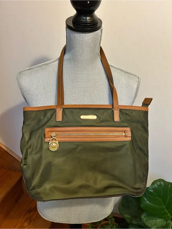 Michael Kors Olive Nylon Tote with Tan Leather Trim and Gold Hardware