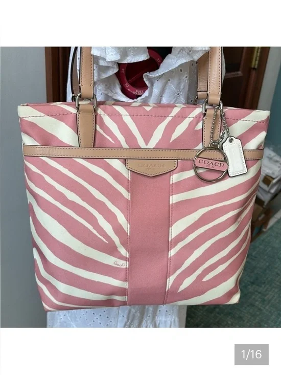 Coach Pink zebra striped tote  canvas/light tan leather trim/2 hangtags like new