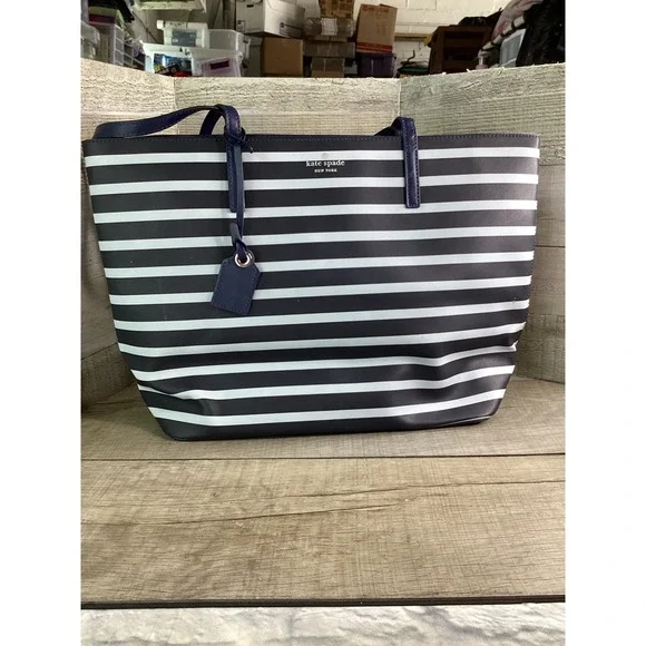 Kate Spade New York Navy White Striped Tote Bag Zip Top Shoulder Bag