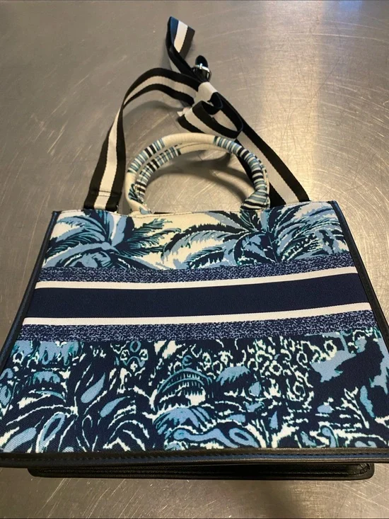 Blue Patterned Canvas Tote Bag with Striped Handles