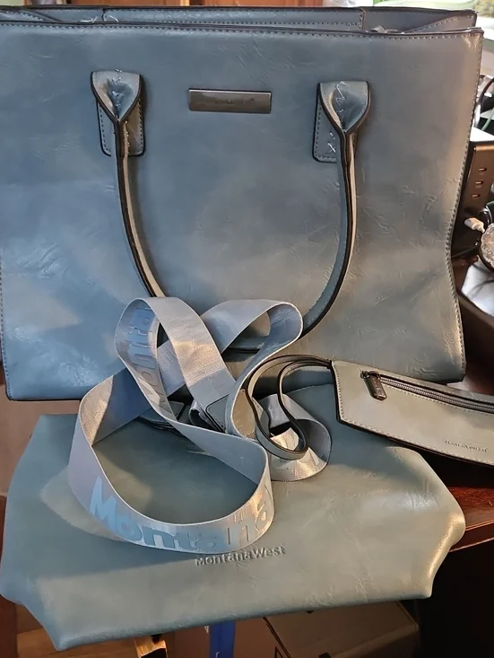 Montana West Steel Blue Tote with Matching Strap, Wristlet and Crossbody