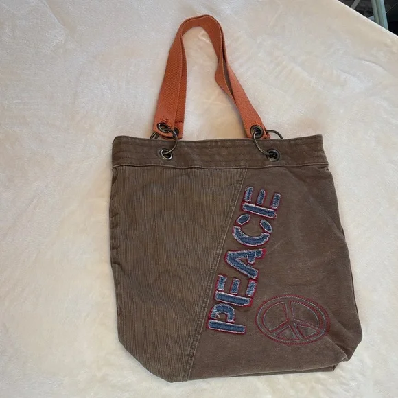 Vintage PEACE Embroidery Brown Tote Bag Global Design Concepts- Groovy!