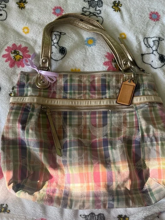 Coach Pastel Plaid Shoulder Tote Bag - Gold Trim