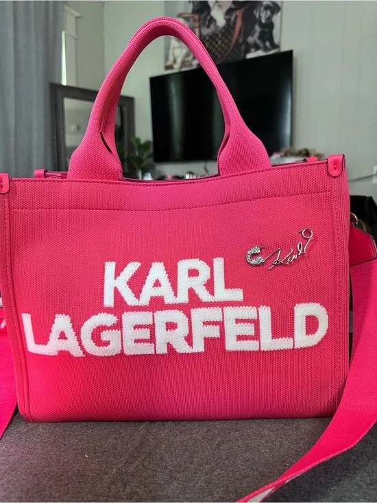 Karl Lagerfeld Bright Pink Logo Canvas Tote with Strap