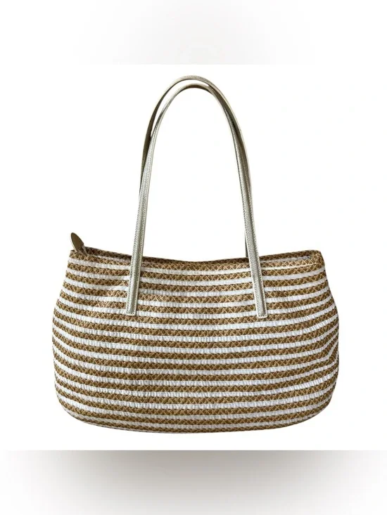 ERIC JAVITS Isla “Squishee” Straw & White Grosgrain Tote w/ Gold Leather Straps