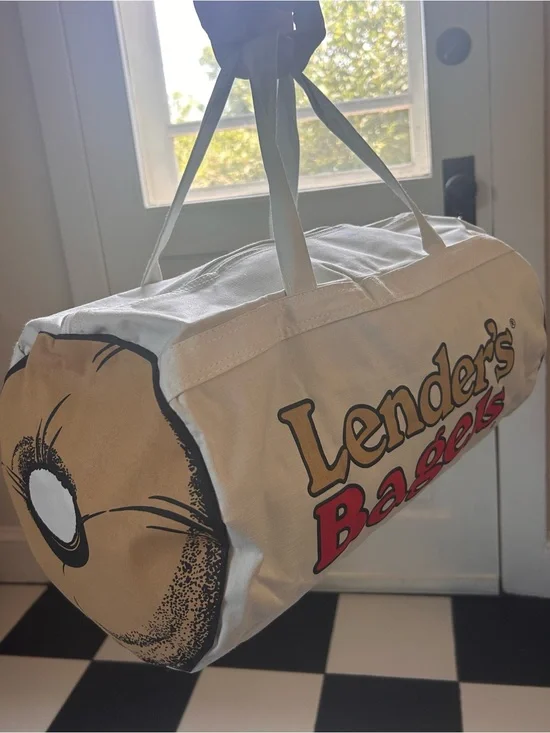 Ultra Rare “Lender's Bagels” Canvas Duffel Bag - White with Tan & Red Logo