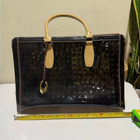 Arcadia Black Patent Leather Crossbody Straps and goldtone tag Black Tote