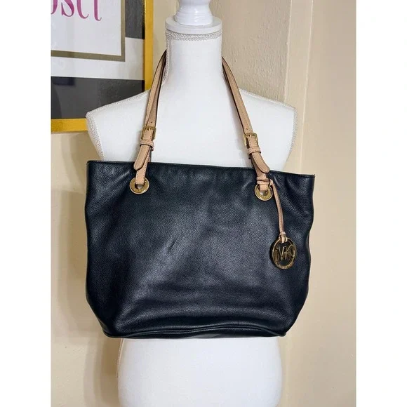 Michael Kors Bedford Black Pebbled Leather Tote Bag Tan Straps Gold Hardware