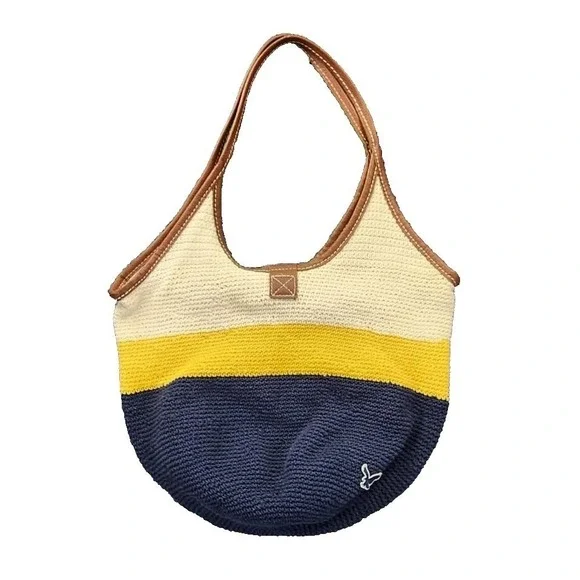 American Eagle Crochet‎ Tote Bag Womens Medium Blue Yellow Colorblock GUC