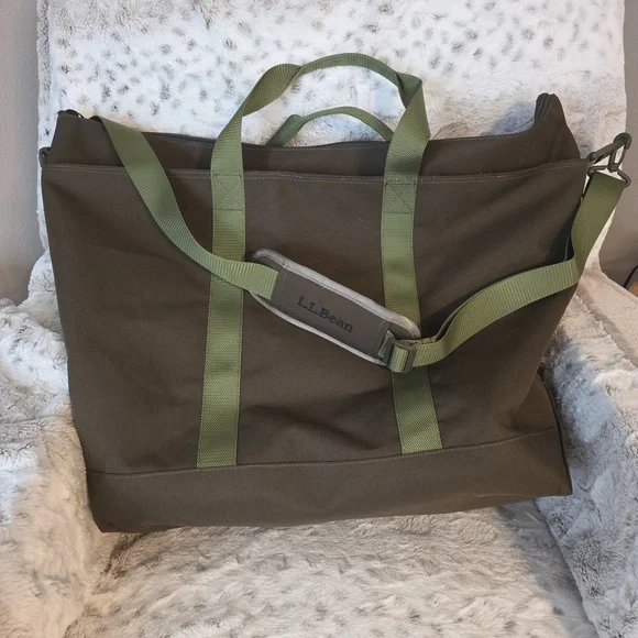 L.L. Bean Olive Canvas Tote with Green Straps