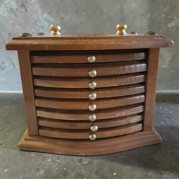 Vtg 8 Catalina Wood Cork Coasters Brass Knobs